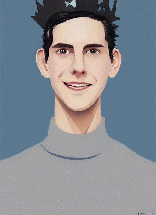 Image similar to portrait of teenage jughead jones wearing a light grey crown, crown, blue turtleneck, closed eyes, eyes closed, smile, crown, black hair, intricate, elegant, glowing lights, warm lighting, highly detailed, digital painting, artstation, concept art, smooth, sharp focus, illustration, art by wlop, mars ravelo and greg rutkowski