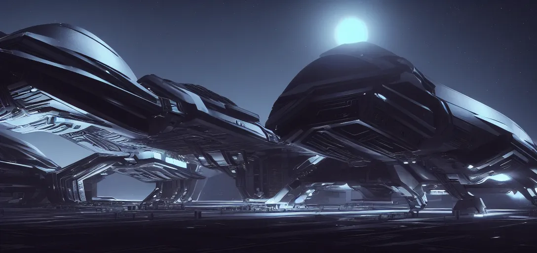 Prompt: dramatic render of exterior of dark futuristic spaceship at night, nebula, ambient occlusion, raytracing, unreal engine, detailed, 3 d artstation by h. r giger and neil blevins