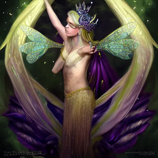 Image similar to detailed portrait of a fairy queen with wings wearing a silk robe, crown, pixie, iris, realism, emerald, galaxy, sapphire, blonde hair going down to touch the floor, moonlit, wearing a bejeweled mask, dark fantasy, dramatic lighting, cgsociety, artstation