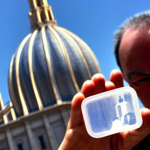 Image similar to artistic photograph by ai weiwei of a man showing ( ( ( stinky finger ) ) ) with condom on it ( ( ( from behind ) ) ), st peter's basilica slighly out of focus in background, cell phone photo