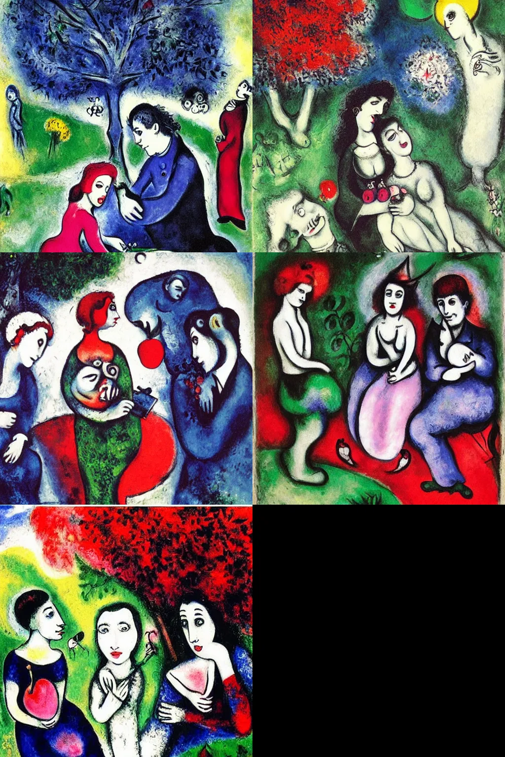 Prompt: an hd painting by marc chagall. three goths loitering in the shade, talking beneath a cherry tree outside a blockbuster video store.