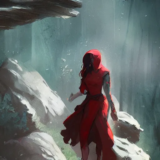 Image similar to a beautiful illustration of a woman with red hood walking between rocks, by greg rutkowski, digital artwork, artstation, cgartists, conceptartworld, deviantart, magic the gathering artstyle, floating magical rocks, lush green meadow