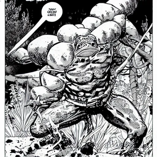 Image similar to giant mutated transfigured frog fighting mushroom warrior, black and white, graphic novel, detailed, in the style of Geoff Darrow and Frank Miller