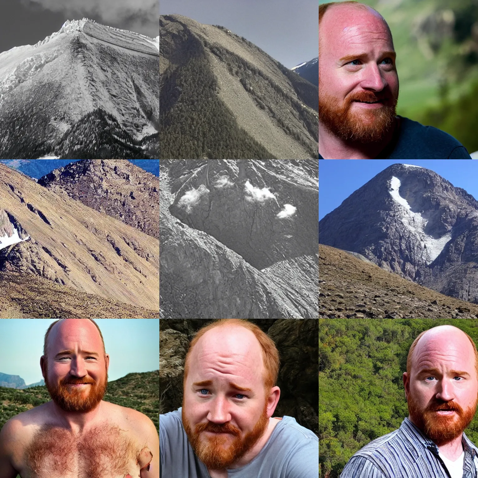 Prompt: a mountain that looks like louis c. k.