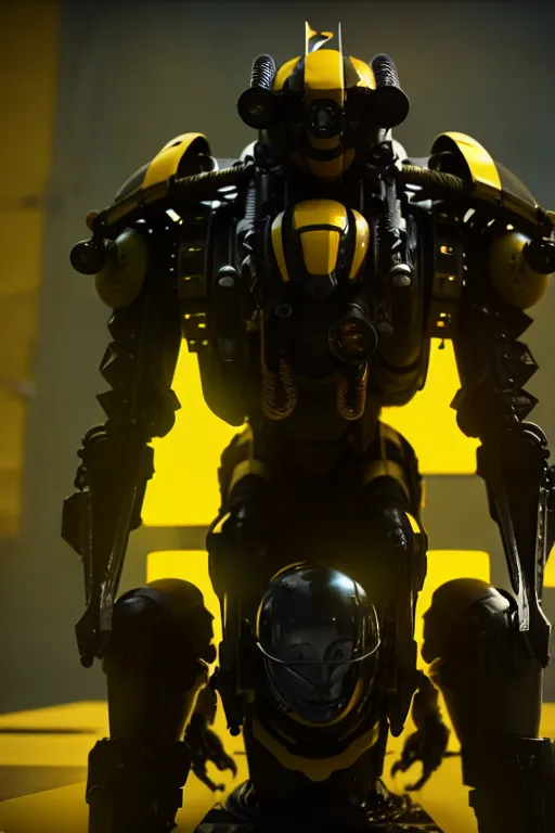 Image similar to a cinematic still from west world, yellow mech bumblebee, humanoid servo, octane render, nvidia raytracing demo, masterpiece, aged armor plating, aggressive head,