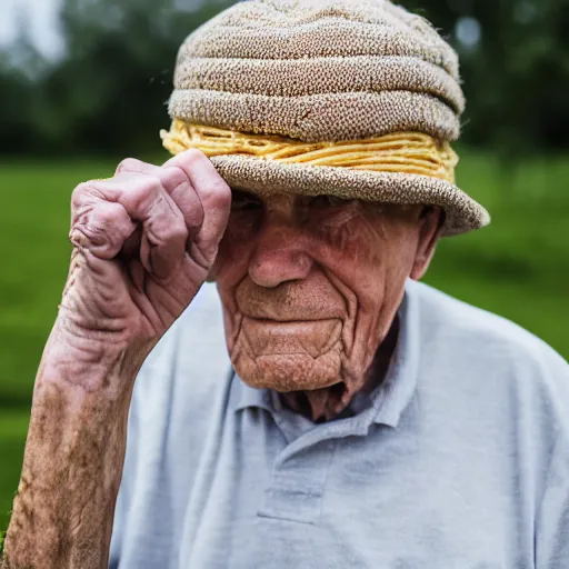 Prompt: elderly man wearing a hat made from spaghetti, Canon EOS R3, f/1.4, ISO 200, 1/160s, 8K, RAW, unedited, symmetrical balance, in-frame