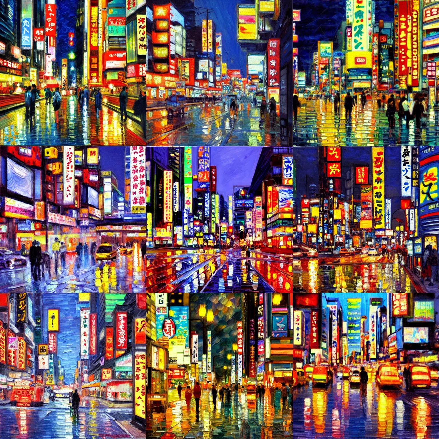 Prompt: impressionist oil painting of Akihabara at night, award winning artwork