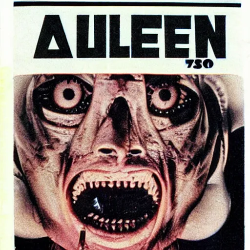 Prompt: 70s magazine scan of an horror movie with alien