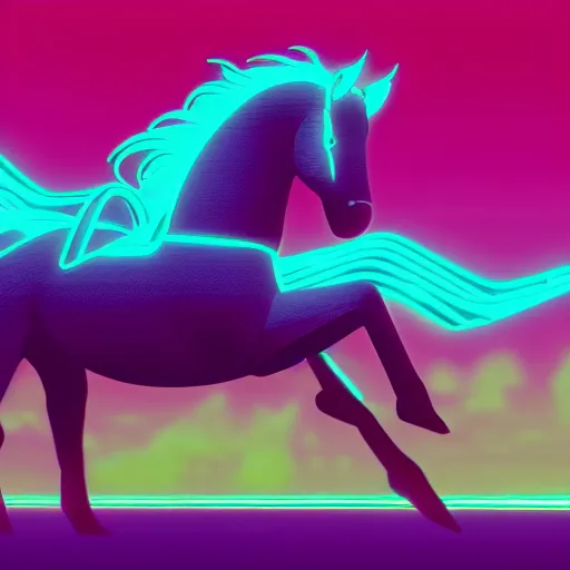 Image similar to A synthwave horse inspired by Tron. Trending on Artstation. Digital screenshot. Faded film grain. 1980s Computer Graphics.