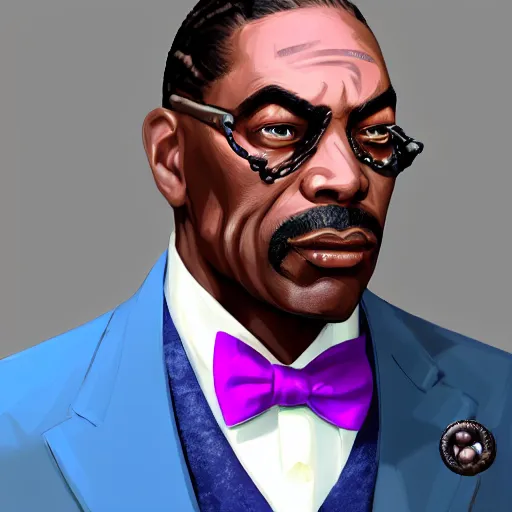 Image similar to a portrait of a muscular older black man with cornrows and a purple suit with a monocle on, D&D, sci-fi, elegant, hopeful, muscular, highly detailed, digital painting, artstation, concept art, smooth, sharp focus, illustration