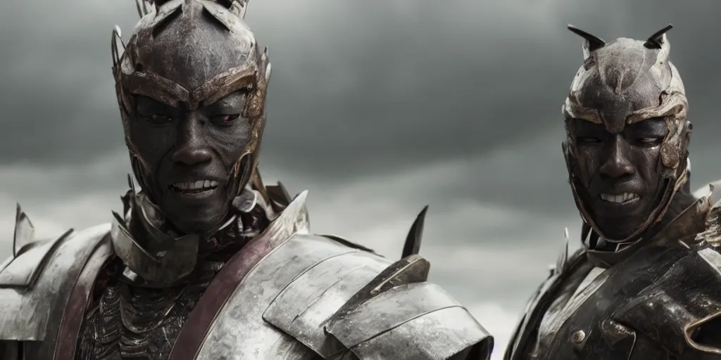 Image similar to a film still of a black man starring in a japanese blockbuster film as yoshimitsu, shallow depth of field, cinematic, award winning cgi, vfx, film still