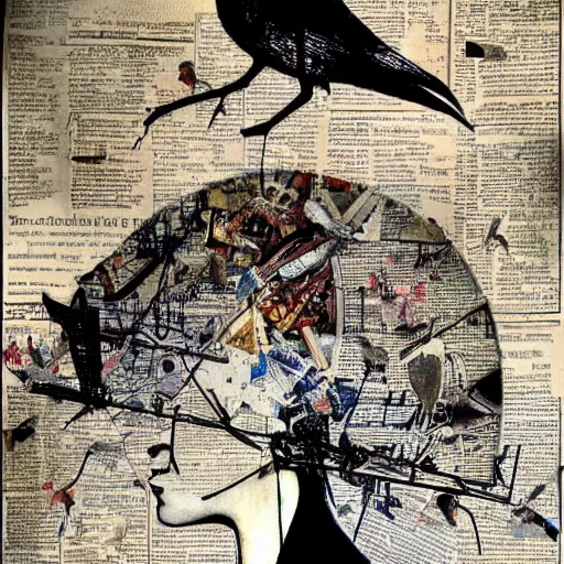 Image similar to a mechanical bird wanders between the cybernetic realms of urban science and social science, collage artwork by dave mckean and ivan shishkin and yoshitaka amano