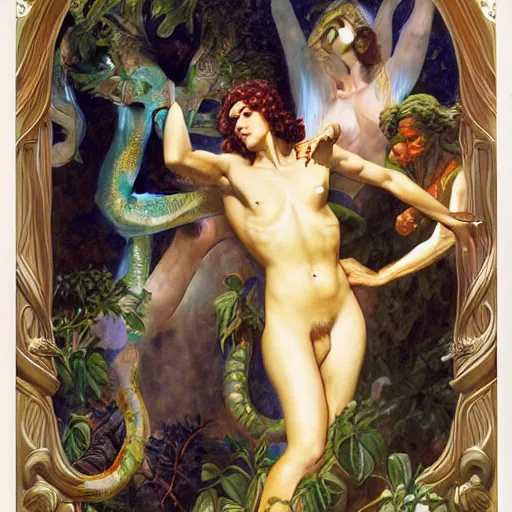 Image similar to Close-up of God being angry in the Garden of Eden. Adam and Eve look very guilty and the snake is leaving the scene quietly - elegant, highly detailed, centered, Joseph Christian Leyendecker, Boris Vallejo, Artgerm