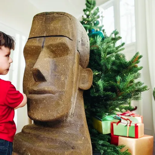 Prompt: a kid at christmas disappointed and sad that his present was a giant moai statue, his hands buried in his face | inside of a house next to a christmas tree, large present in the back