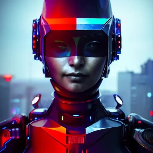 Image similar to A hyperrealistic portrait painting of a cyber warrrior girl wearing futuristic mecha suit without helmet, black and reddish shinny color armor, ultradetailed face expression trending on artstation and artbreeder, cyberpunk color heavy rainning at tokyo midnight rooftop, unreal 5, DAZ, 8k, unreal 5 engine render, cosplay, RPG portrait, final fantasy Vll world concept, dramatic lighting, rim lights, PS5 render quality