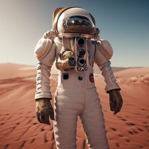 Image similar to portrait photography of a white steampunk space engineer suit, in an desert alien planet, ultra detail, beautiful light, high detail, 8 k, f / 2. 8, octane render