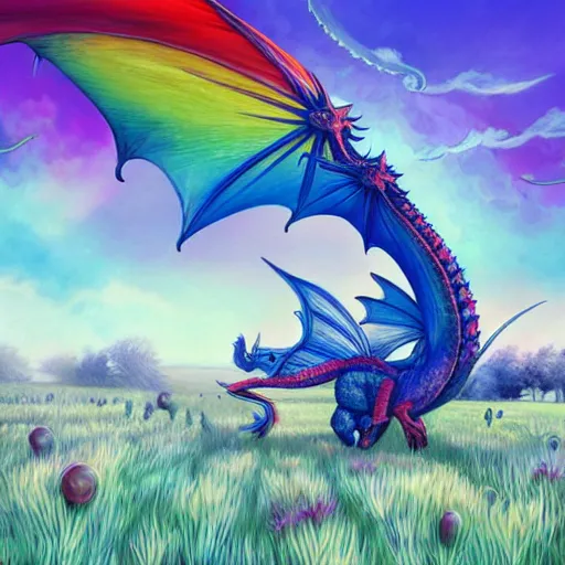 Prompt: rainbow dragon in a field of piones, blue clear sky, soft color, highly detailed, digital painting, artstation, concept art, matte, sharp focus, impressionnisme, art by james jean