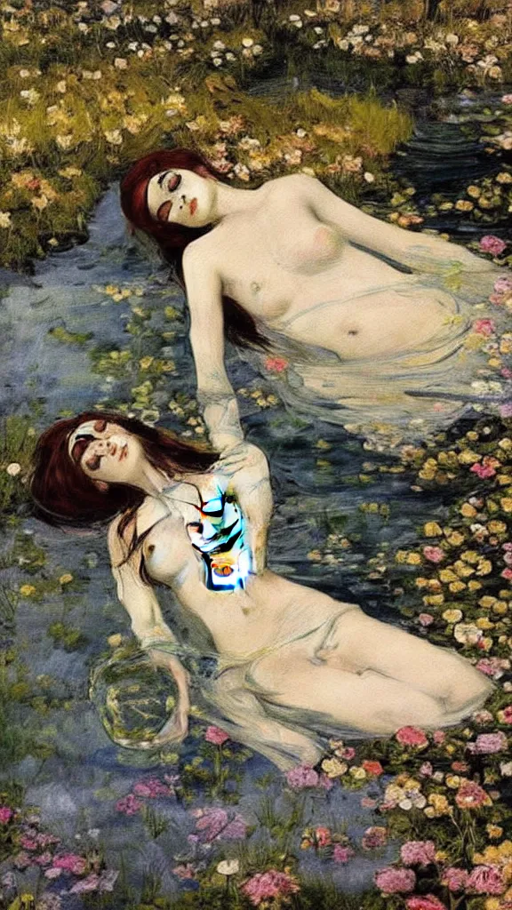 Prompt: prompt: beautiful girl sleeping in the lake with shining face painted by Valentin Serov, Ophelia painting inspired, intricate detailed oil painting, alchemical artifacts and hieroglyphs, magical items, gnarly paint marks