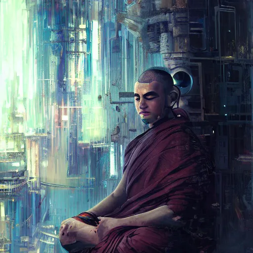 Image similar to highly detailed portrait of a cyberpunk hacker dressed as a buddhist monk in a futuristic buddhist temple by wadim kashin, dark colors, high contrast