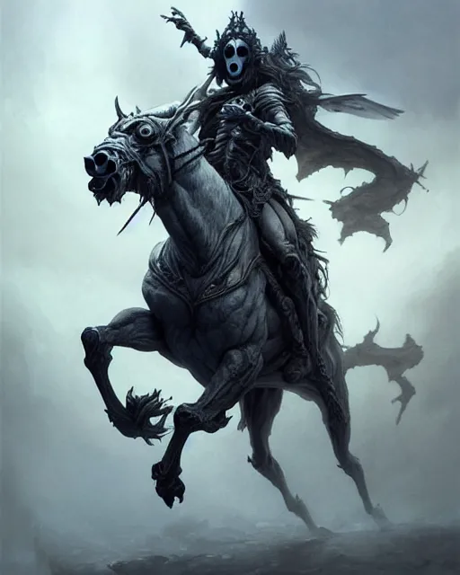 Prompt: concept art by artgerm, death of the four horsemen of the apocalypse, soft grey and blue natural light, intricate, queen of death riding, highly detailed dark art, digital painting, artstation, concept art, smooth, sharp focus, illustration, art by greg rutkowski and luis rollo and uang guangjian and gil elvgren, symmetry!