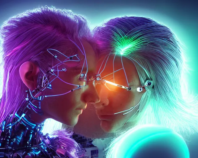 Image similar to glowing hair, complex cybernetic beings, beautiful hairy humanoids, cybermagnetosphere, cybernetic civilizations, ornate hair, love, joy, vortexes, large arrays, data holograms, 8 k, cinematic light shadows, wet hdr refractions, *, * * *, * * * * *