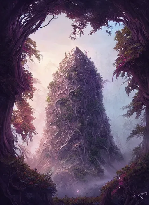 Prompt: an ancient obsidian cubic tower rising from a dense forest landscape, fantasy digital painting, stunning intricate details, artwork by ross tran, artgerm