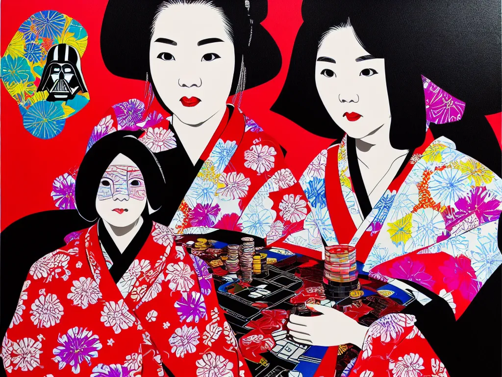 Image similar to hyperrealistic composition of the detailed woman in a japanese kimono sitting at a poker table with detailed darth vader, fireworks, mount fuji on the background, pop - art style, jacky tsai style, andy warhol style, acrylic on canvas