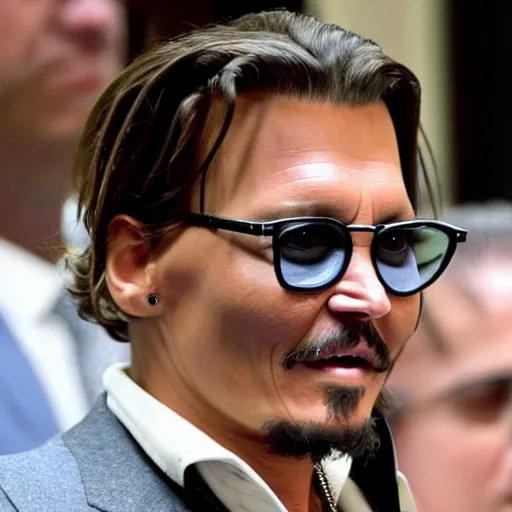 Image similar to full - body shot johnny depp screaming cheerfully in court as he wins defamation case, 4 k, photorealistic photography