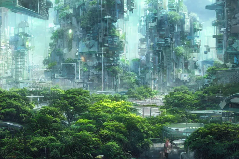 Image similar to futuristic city, lush vegetation, humid, early evening, cloudy, beautiful, dull pastel colors, realistic, hyper detailed, octane render, trending on artstation by yoshitaka amano and makoto shinkai, studio ghibli style