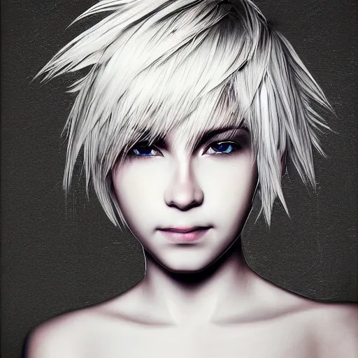 Prompt: Oil portrait with broad brush strokes of a girl with short white hair and black eyes in Final Fantasy style, abstract black and white background, large film grain, smooth gradients, sharp shapes