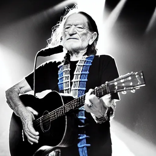 Image similar to willie nelson on stage, holding guitar. four fingers. god rays through fog.