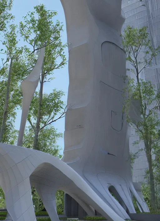 Image similar to highly detailed realistic architecture 3 d render of a huge high futuristic stele sculpture made of concrete in zaha hadid style standing in city park, archdaily, made in unreal engine 4 octane render