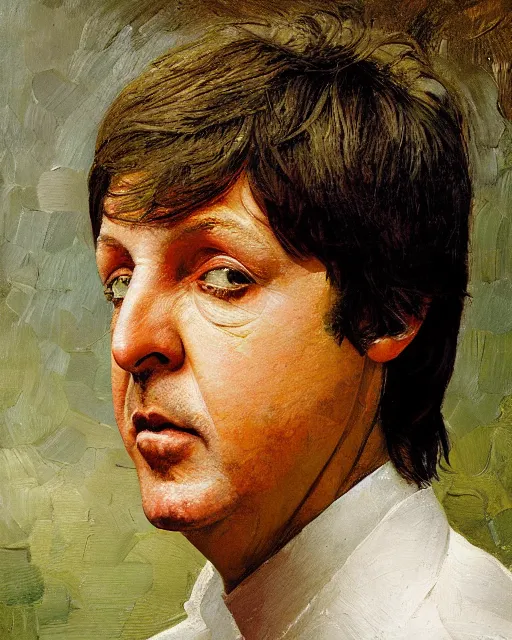 Prompt: painterly portrait, paul mccartney, impasto, fantasy, chuck close:7, carl spitzweg:7, cinematic light, full face, symmetrical face