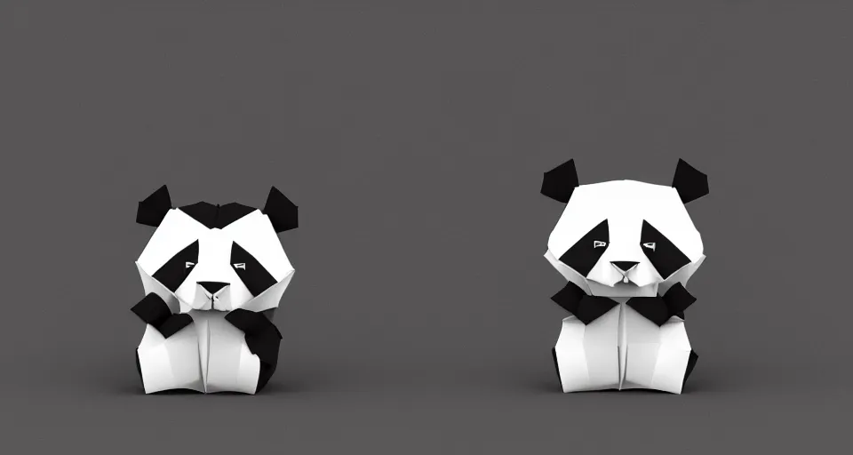 Image similar to realistic full body seen of one big cute chibi panda made of origami, intricate details, origami studio 3 design, toon boom render