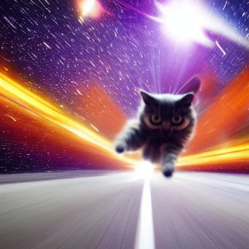 Image similar to photo of hyperspeed flying through outer space cat running fast with motion blur