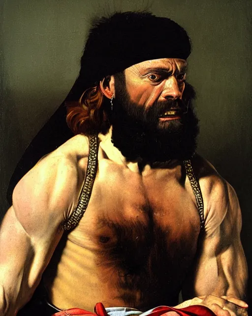 Prompt: a portrait of macho man randy savage painted by caravaggio, oil painting, highly detailed