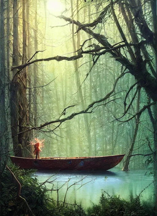 Image similar to boat in the woods by a river gorgeous lighting, lush forest foliage blue sky a hyper realistic painting by chiara bautista and beksinski and norman rockwell and greg rutkowski, tom bagshaw weta studio, and lucasfilm