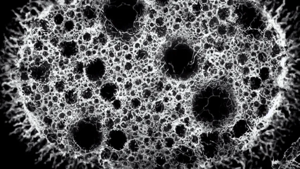 Image similar to beautiful microscope photo of a coronavirus through an electron microscope, dark, sinister, detailed, high contrast, art by Greg Rutkowski