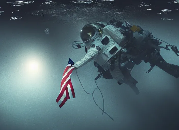 Prompt: dark claustrophobic underwater photo of an astronaut underwater putting a flag on the bottom of the ocean. in the background, a submarine is visible. dark, concept art, cinematic, dramatic, blender, photorealistic, octane render, 8 k, volumetric lighting, trending on artstation