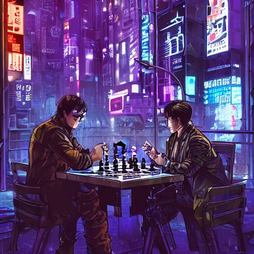 Prompt: high detailed replicants playing chess in a cyberpunk rainy city at night by josan gonzalez, purple and blue neons, rendered in unreal engine, high quality, 4 k, uhd, trending on artstation, wires, blade runner vibes, ghost in the shell, akira, dorohedoro