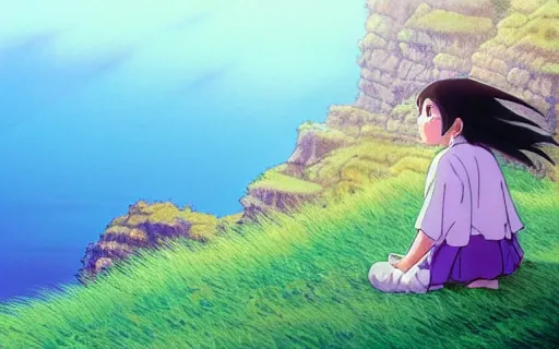 Image similar to a young girl sitting in a fild on a cliff watching a purple sunset, wide shot, art by hayao miyazaki, studio ghibli film, hi res, 4k
