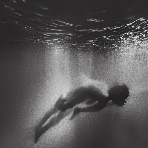 Image similar to an abstract photograph of a lonely male shadowy figure, underwater, motion blur, 35 mm, black-and-white