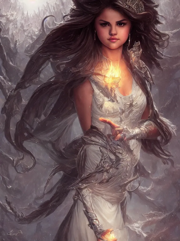 Image similar to Selena Gomez casting an frost spell, D&D, fantasy, intricate, elegant, highly detailed, digital painting, artstation, concept art, matte, sharp focus, illustration, hearthstone, art by Artgerm and Greg Rutkowski and Alphonse Mucha