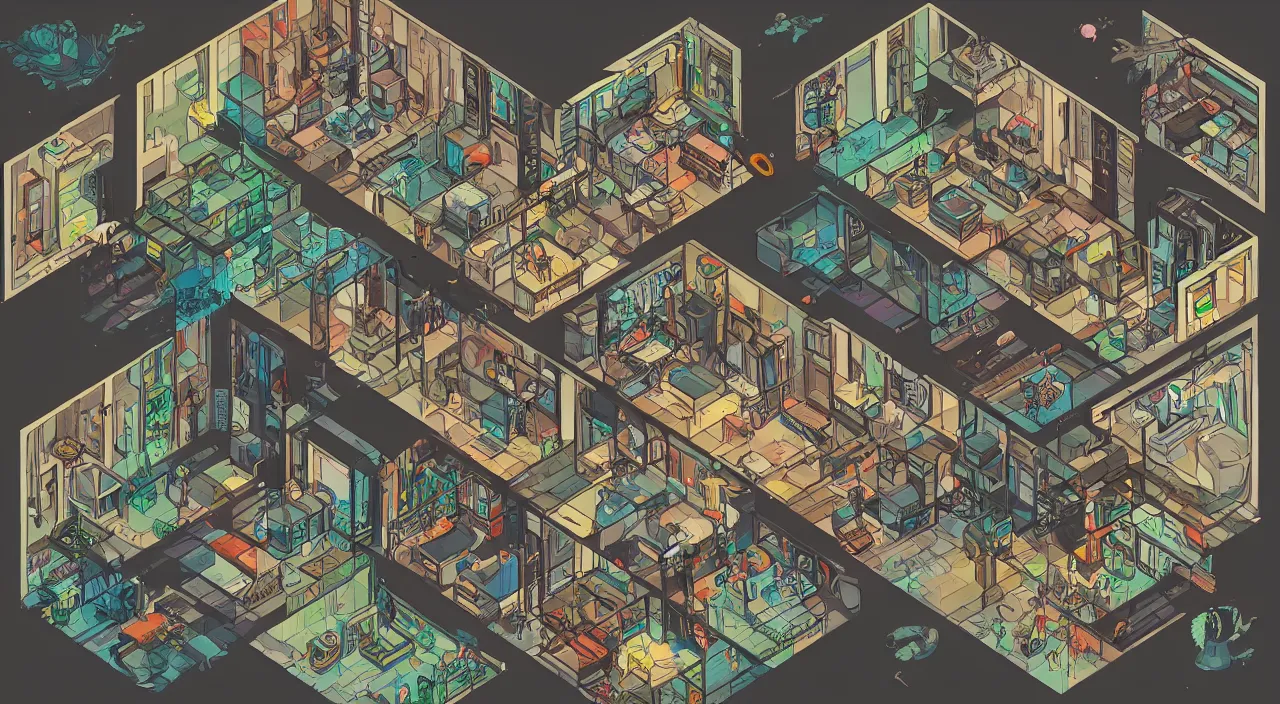 Prompt: cyberpunk treehouse interior, isometric room view