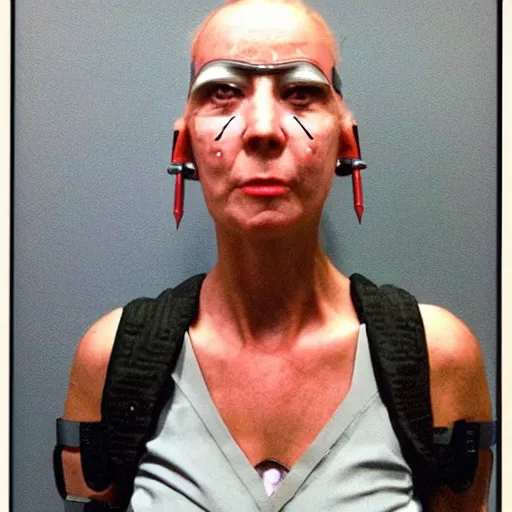 Image similar to grainy photo of an ugly woman, wearing bionic implants, cyborg!!!! criminal!!!!, (((((high tech, cyberpunk))))), mugshot!!!!