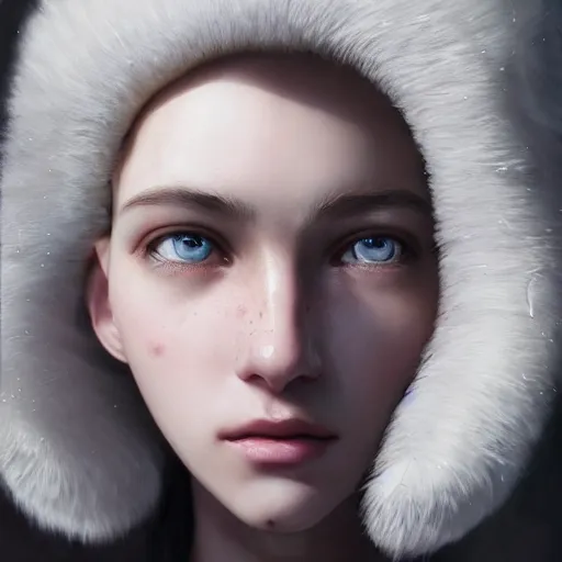 Image similar to a white haired girl wearing earmuffs with cyborg eyes, digital art, 8 k resolution, unreal engine, highly detailed, pretty face, very beautiful face, very detailed eyes, photorealistic by wlop, greg rutkowski