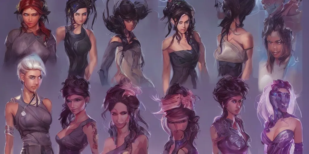 Prompt: concept art of young hispanic female netrunner d & d video game characters head designs, unique hair designs, by marc brunet and artgerm