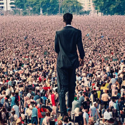 Prompt: a 3 0 foot tall man walking among the crowd