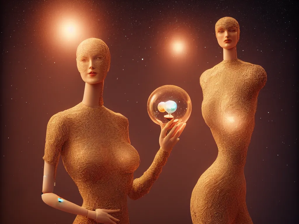 Prompt: a beautiful mannequin holding a glass ball representing the universe, in the style of michael cheval, 4k, trending on artstation, hyper detailed, photorealistic, volumetric lighting, octane render, dramatic