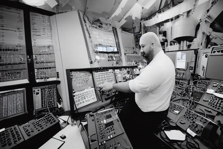 Image similar to heavyset bald man wearing a white shortsleeved shirt and blue jeans working in a nuclear silo control room by Emmanuel Lubezki